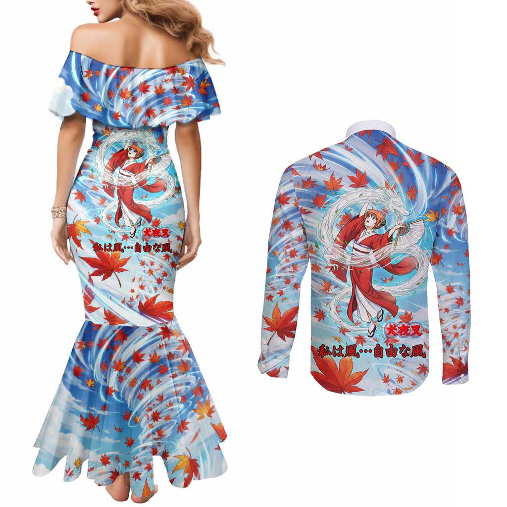 Kagura Inuyasha Series Couples Matching Mermaid Dress and Long Sleeve Button Shirt Wind Spirit Anime Style with Autumn Maple Leaves