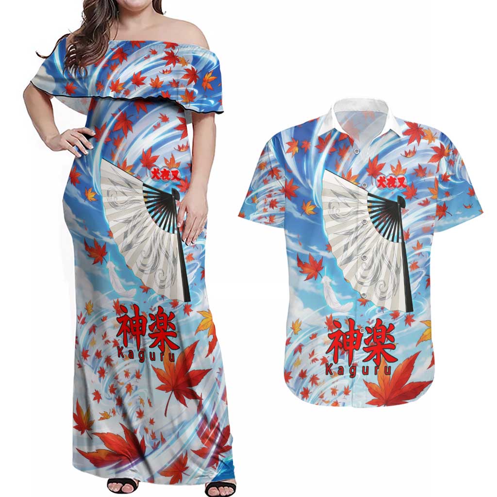 Kagura Inuyasha Series Couples Matching Off Shoulder Maxi Dress and Hawaiian Shirt Wind Spirit Anime Style with Autumn Maple Leaves