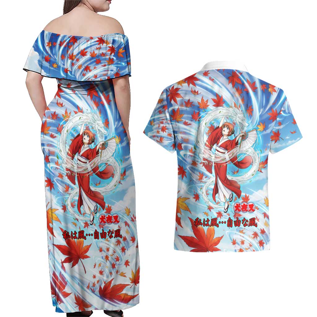 Kagura Inuyasha Series Couples Matching Off Shoulder Maxi Dress and Hawaiian Shirt Wind Spirit Anime Style with Autumn Maple Leaves