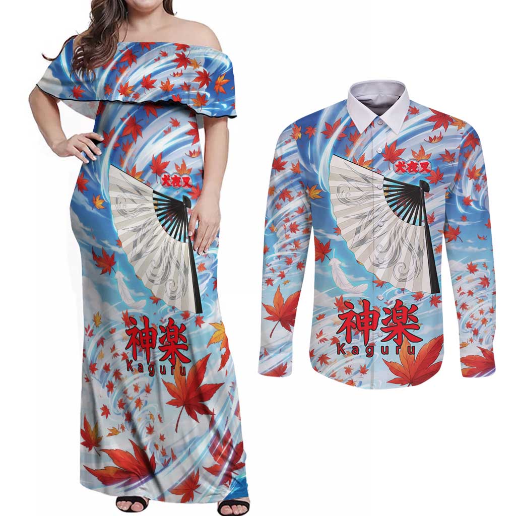 Kagura Inuyasha Series Couples Matching Off Shoulder Maxi Dress and Long Sleeve Button Shirt Wind Spirit Anime Style with Autumn Maple Leaves