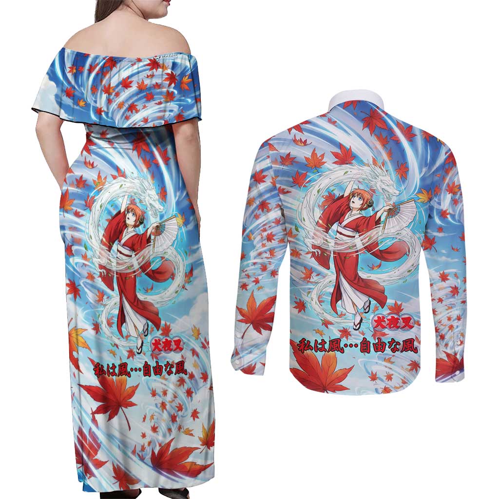 Kagura Inuyasha Series Couples Matching Off Shoulder Maxi Dress and Long Sleeve Button Shirt Wind Spirit Anime Style with Autumn Maple Leaves