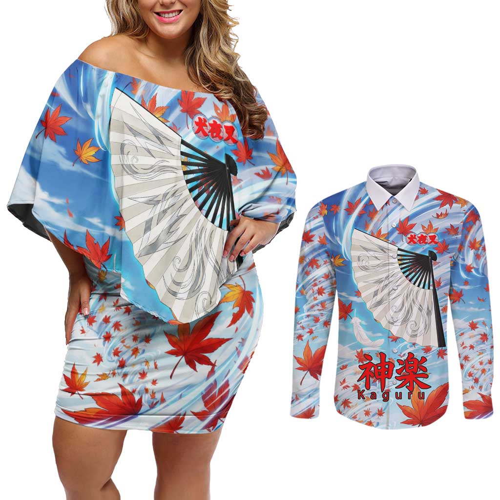 Kagura Inuyasha Series Couples Matching Off Shoulder Short Dress and Long Sleeve Button Shirt Wind Spirit Anime Style with Autumn Maple Leaves