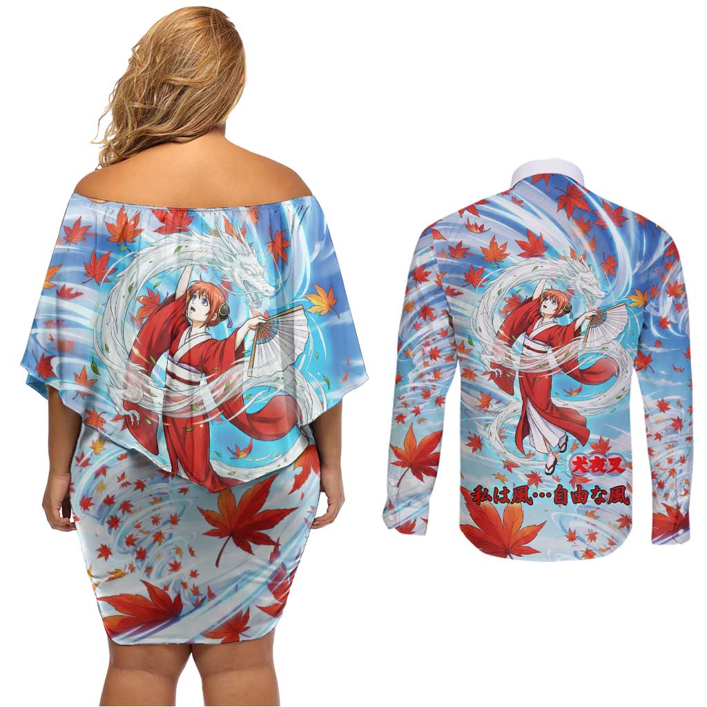 Kagura Inuyasha Series Couples Matching Off Shoulder Short Dress and Long Sleeve Button Shirt Wind Spirit Anime Style with Autumn Maple Leaves