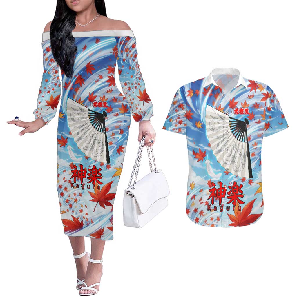 Kagura Inuyasha Series Couples Matching Off The Shoulder Long Sleeve Dress and Hawaiian Shirt Wind Spirit Anime Style with Autumn Maple Leaves