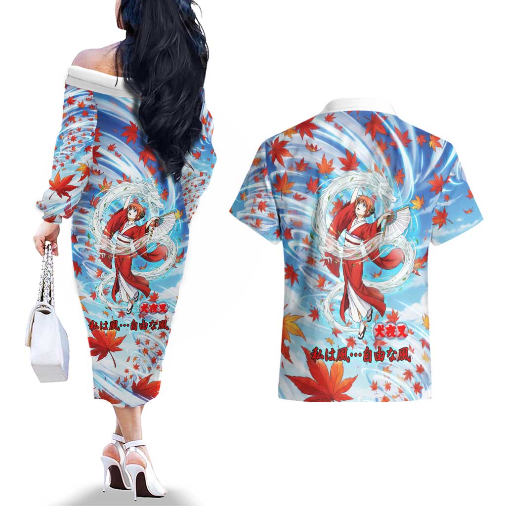 Kagura Inuyasha Series Couples Matching Off The Shoulder Long Sleeve Dress and Hawaiian Shirt Wind Spirit Anime Style with Autumn Maple Leaves