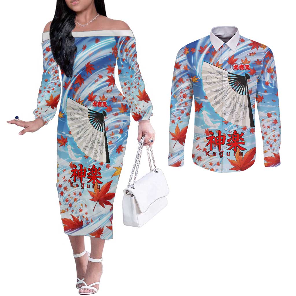 Kagura Inuyasha Series Couples Matching Off The Shoulder Long Sleeve Dress and Long Sleeve Button Shirt Wind Spirit Anime Style with Autumn Maple Leaves