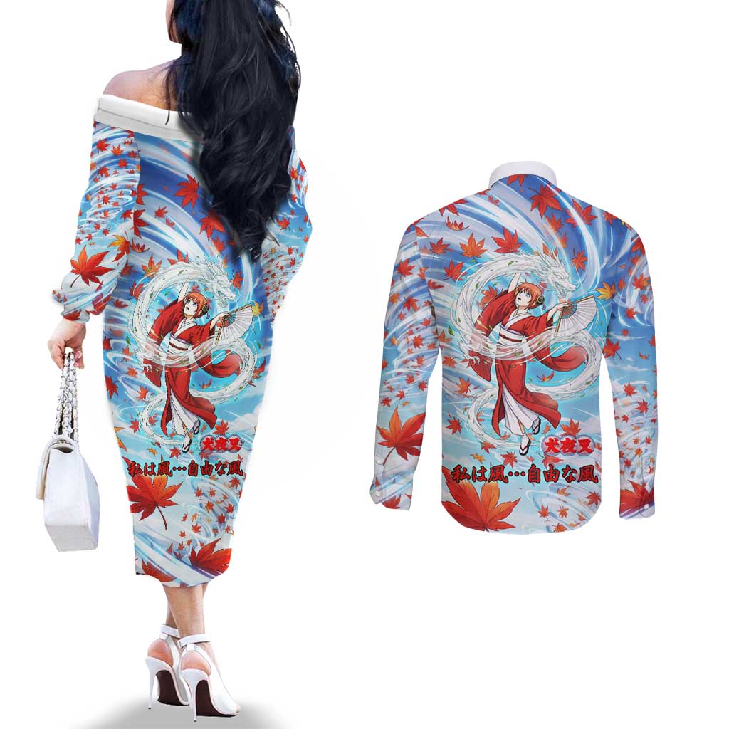 Kagura Inuyasha Series Couples Matching Off The Shoulder Long Sleeve Dress and Long Sleeve Button Shirt Wind Spirit Anime Style with Autumn Maple Leaves