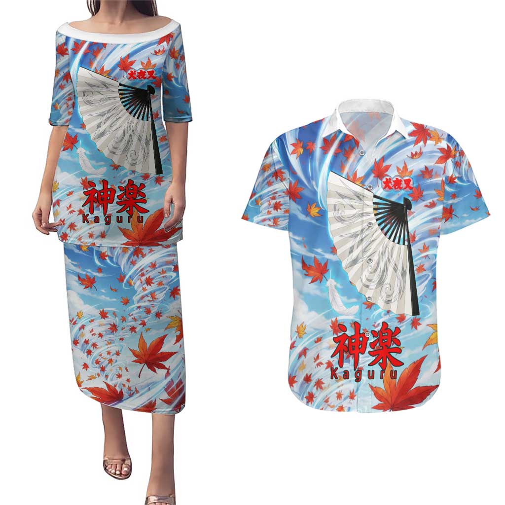Kagura Inuyasha Series Couples Matching Puletasi and Hawaiian Shirt Wind Spirit Anime Style with Autumn Maple Leaves