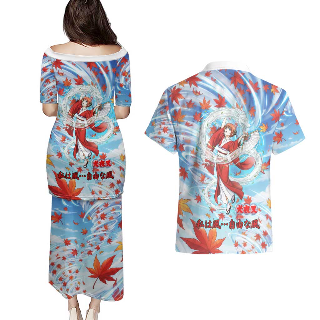 Kagura Inuyasha Series Couples Matching Puletasi and Hawaiian Shirt Wind Spirit Anime Style with Autumn Maple Leaves
