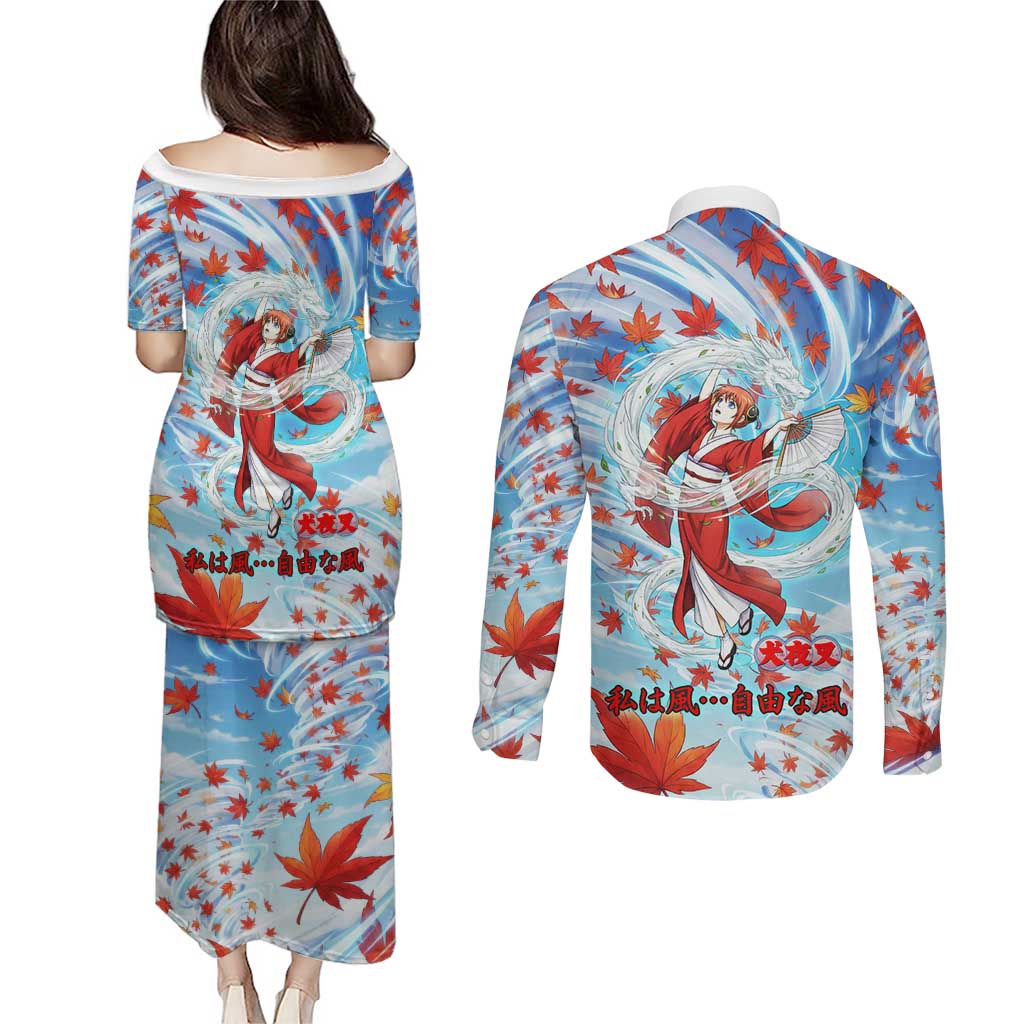Kagura Inuyasha Series Couples Matching Puletasi and Long Sleeve Button Shirt Wind Spirit Anime Style with Autumn Maple Leaves