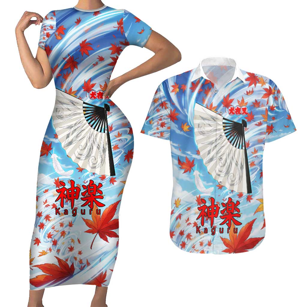 Kagura Inuyasha Series Couples Matching Short Sleeve Bodycon Dress and Hawaiian Shirt Wind Spirit Anime Style with Autumn Maple Leaves
