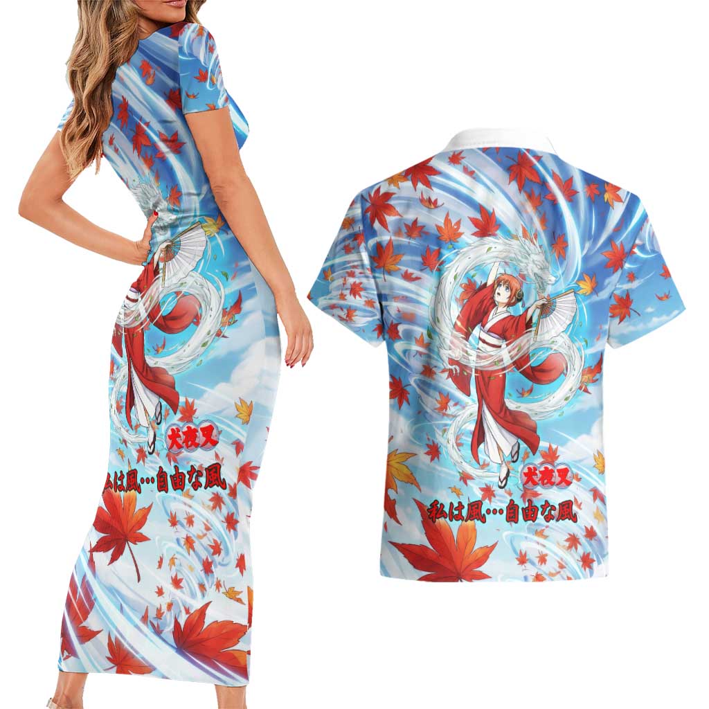 Kagura Inuyasha Series Couples Matching Short Sleeve Bodycon Dress and Hawaiian Shirt Wind Spirit Anime Style with Autumn Maple Leaves
