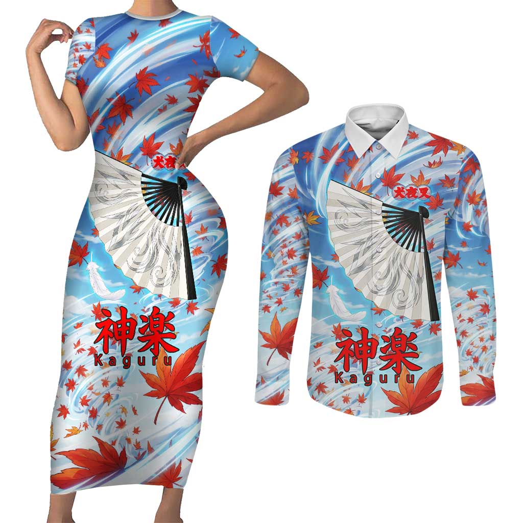 Kagura Inuyasha Series Couples Matching Short Sleeve Bodycon Dress and Long Sleeve Button Shirt Wind Spirit Anime Style with Autumn Maple Leaves