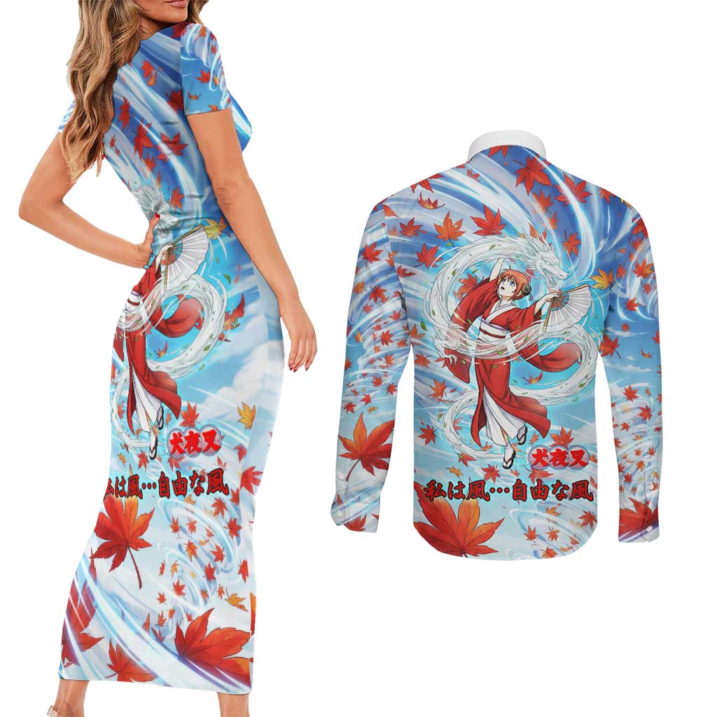 Kagura Inuyasha Series Couples Matching Short Sleeve Bodycon Dress and Long Sleeve Button Shirt Wind Spirit Anime Style with Autumn Maple Leaves