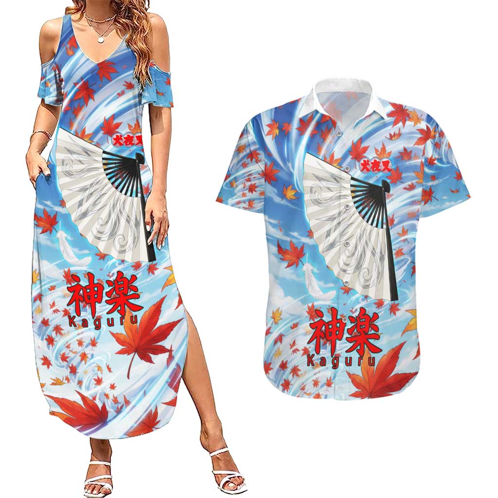 Kagura Inuyasha Series Couples Matching Summer Maxi Dress and Hawaiian Shirt Wind Spirit Anime Style with Autumn Maple Leaves