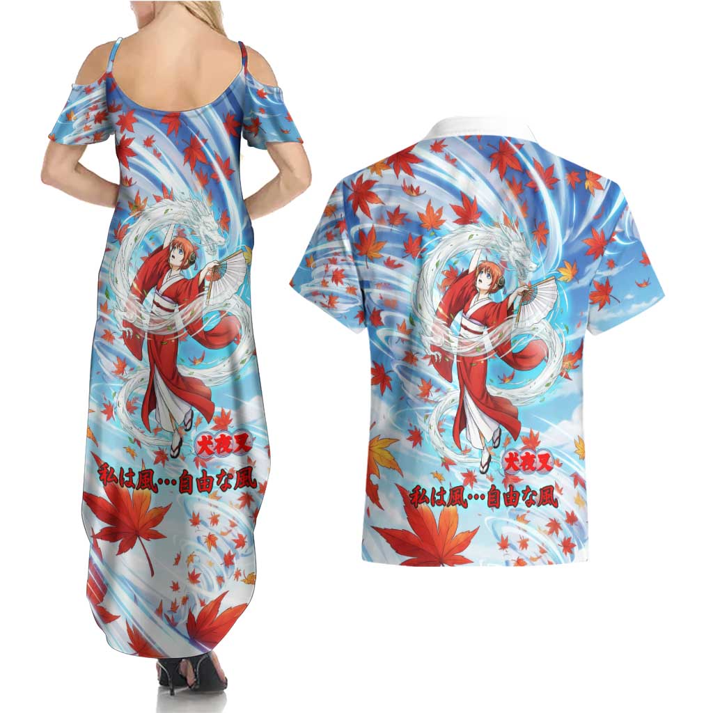 Kagura Inuyasha Series Couples Matching Summer Maxi Dress and Hawaiian Shirt Wind Spirit Anime Style with Autumn Maple Leaves