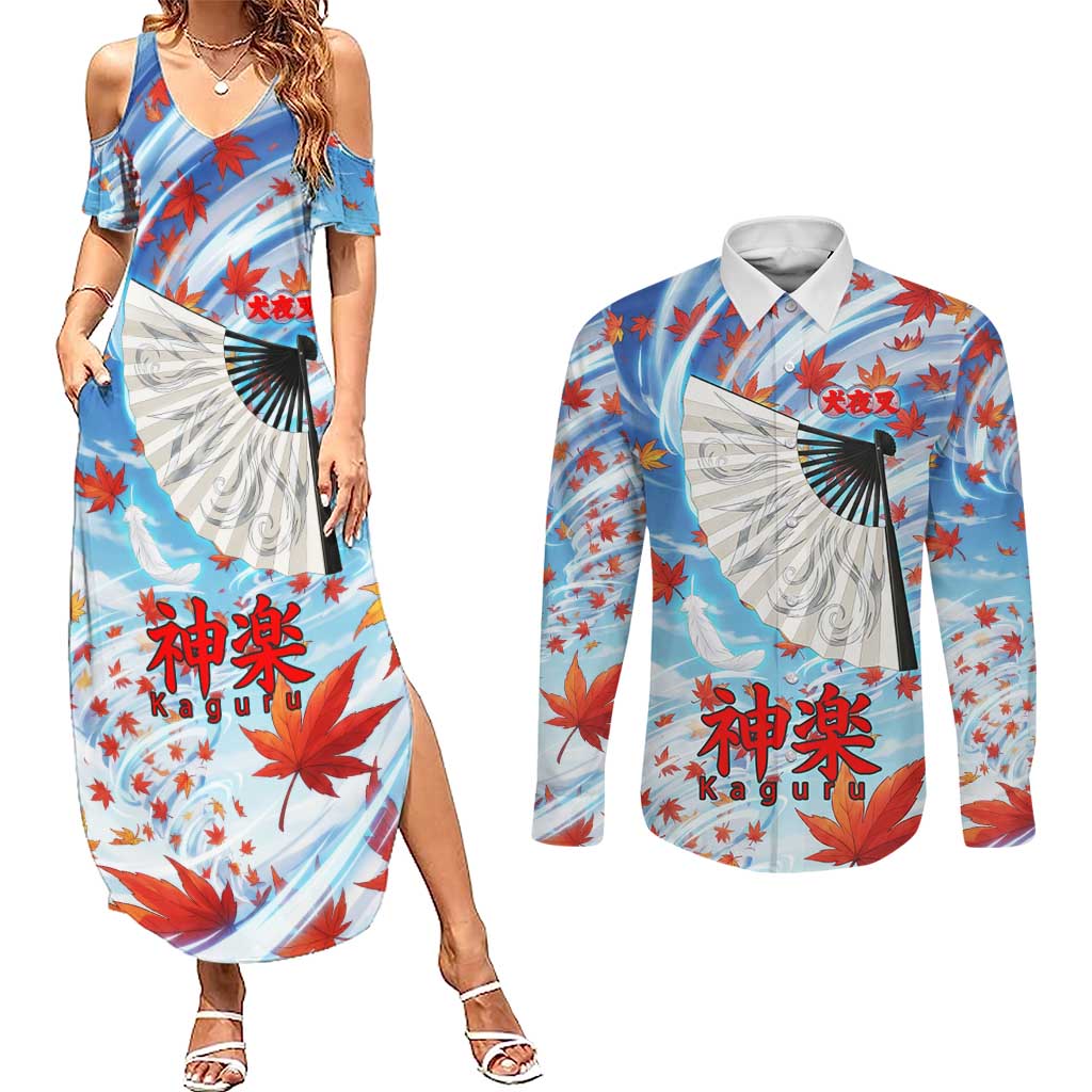 Kagura Inuyasha Series Couples Matching Summer Maxi Dress and Long Sleeve Button Shirt Wind Spirit Anime Style with Autumn Maple Leaves