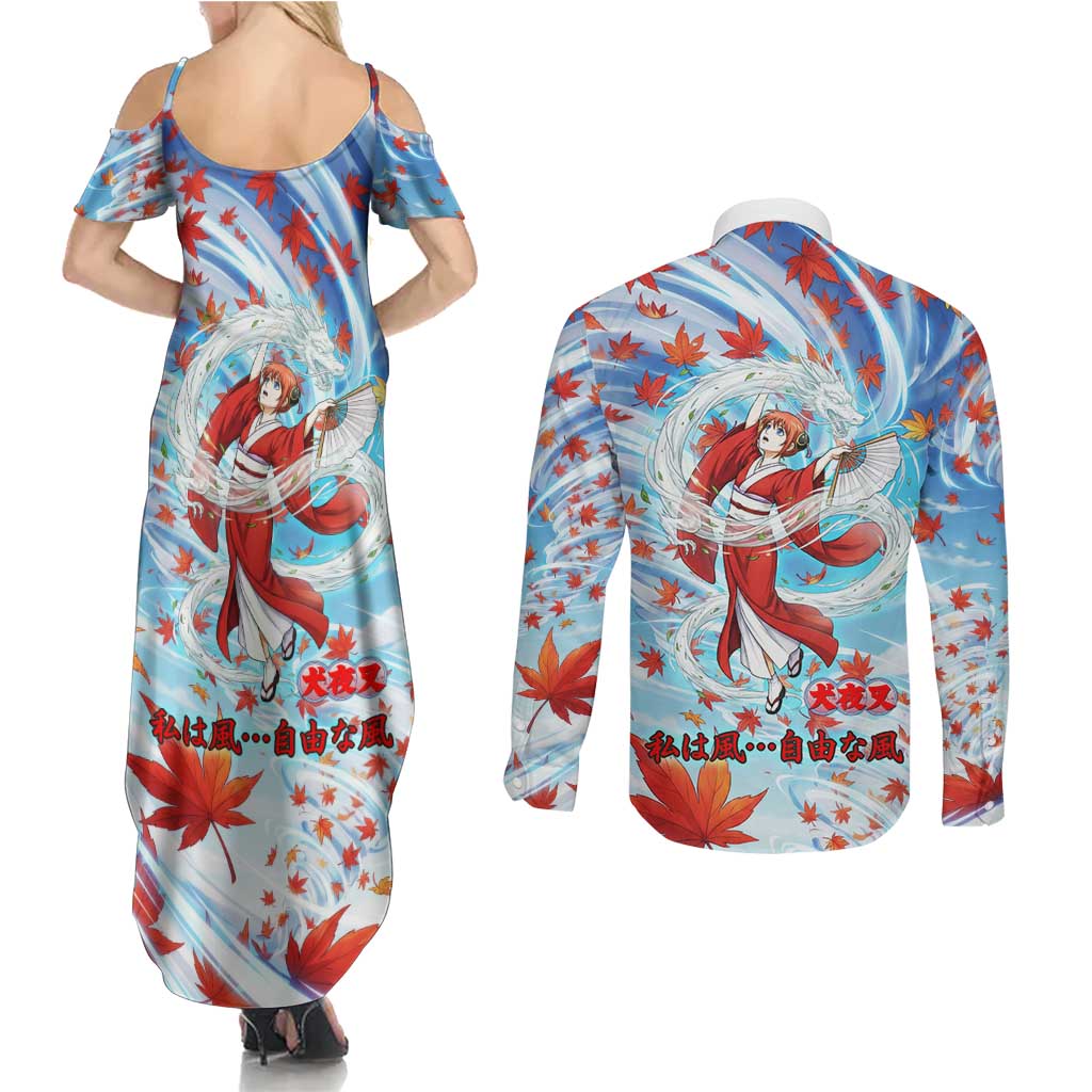 Kagura Inuyasha Series Couples Matching Summer Maxi Dress and Long Sleeve Button Shirt Wind Spirit Anime Style with Autumn Maple Leaves