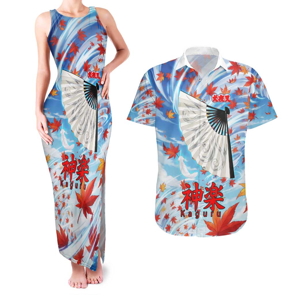 Kagura Inuyasha Series Couples Matching Tank Maxi Dress and Hawaiian Shirt Wind Spirit Anime Style with Autumn Maple Leaves