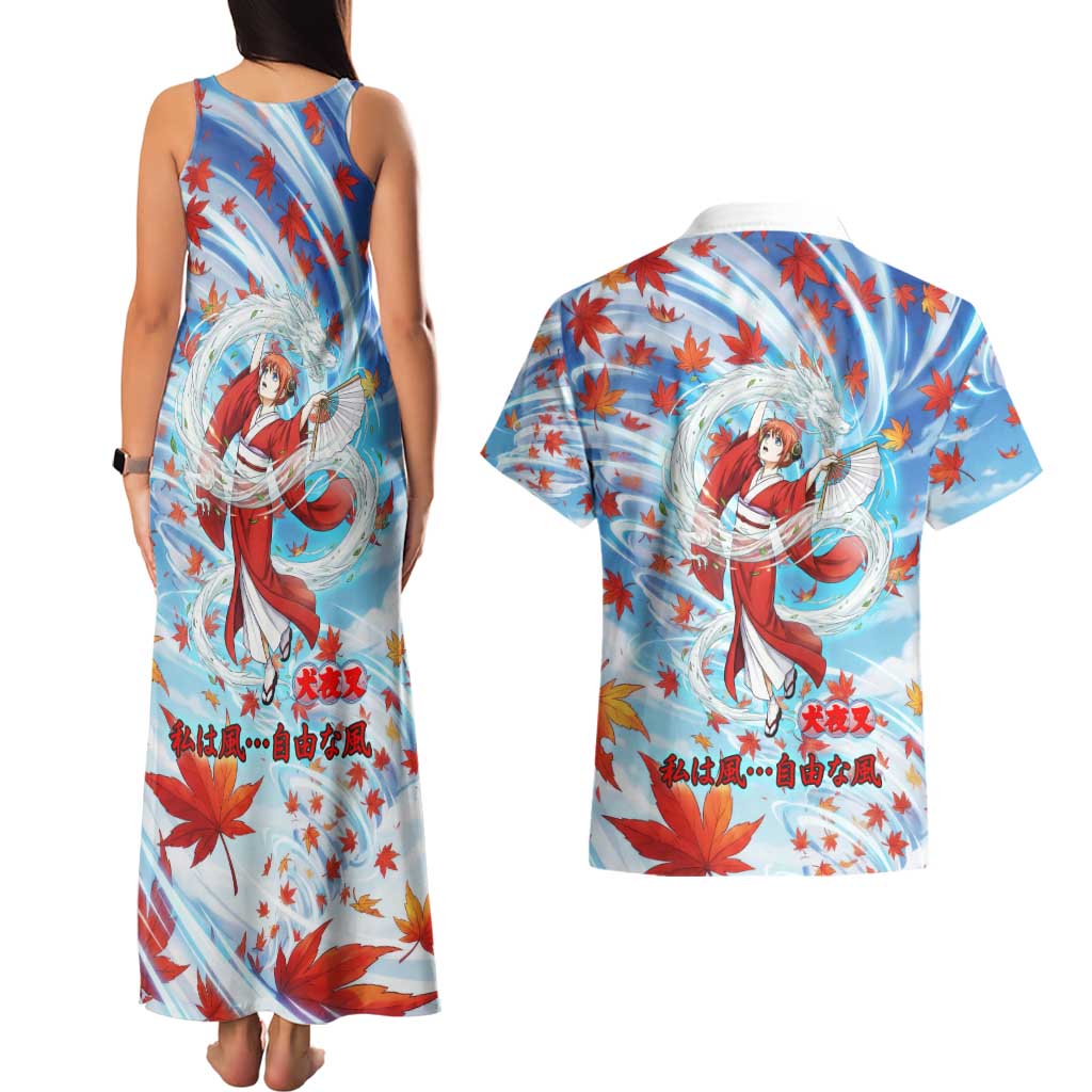 Kagura Inuyasha Series Couples Matching Tank Maxi Dress and Hawaiian Shirt Wind Spirit Anime Style with Autumn Maple Leaves