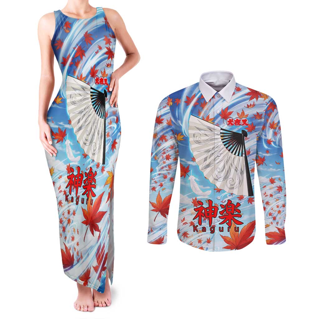 Kagura Inuyasha Series Couples Matching Tank Maxi Dress and Long Sleeve Button Shirt Wind Spirit Anime Style with Autumn Maple Leaves