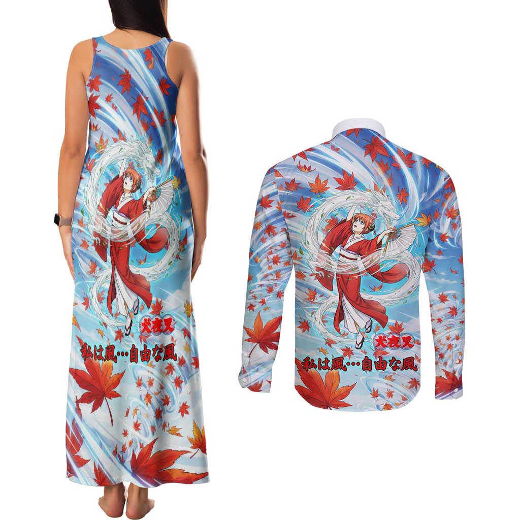 Kagura Inuyasha Series Couples Matching Tank Maxi Dress and Long Sleeve Button Shirt Wind Spirit Anime Style with Autumn Maple Leaves