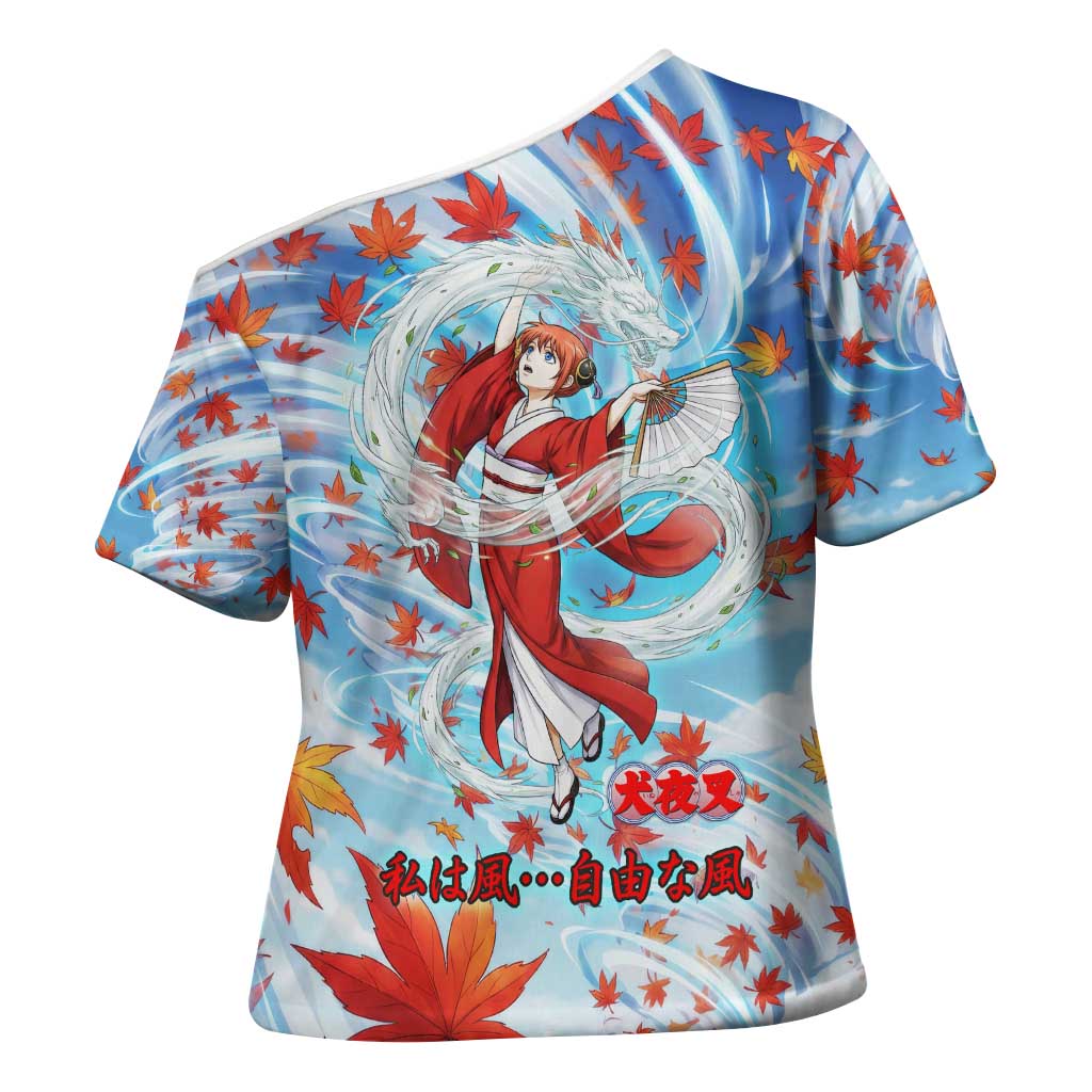 Kagura Inuyasha Series Cross Shoulder Shirt Wind Spirit Anime Style with Autumn Maple Leaves
