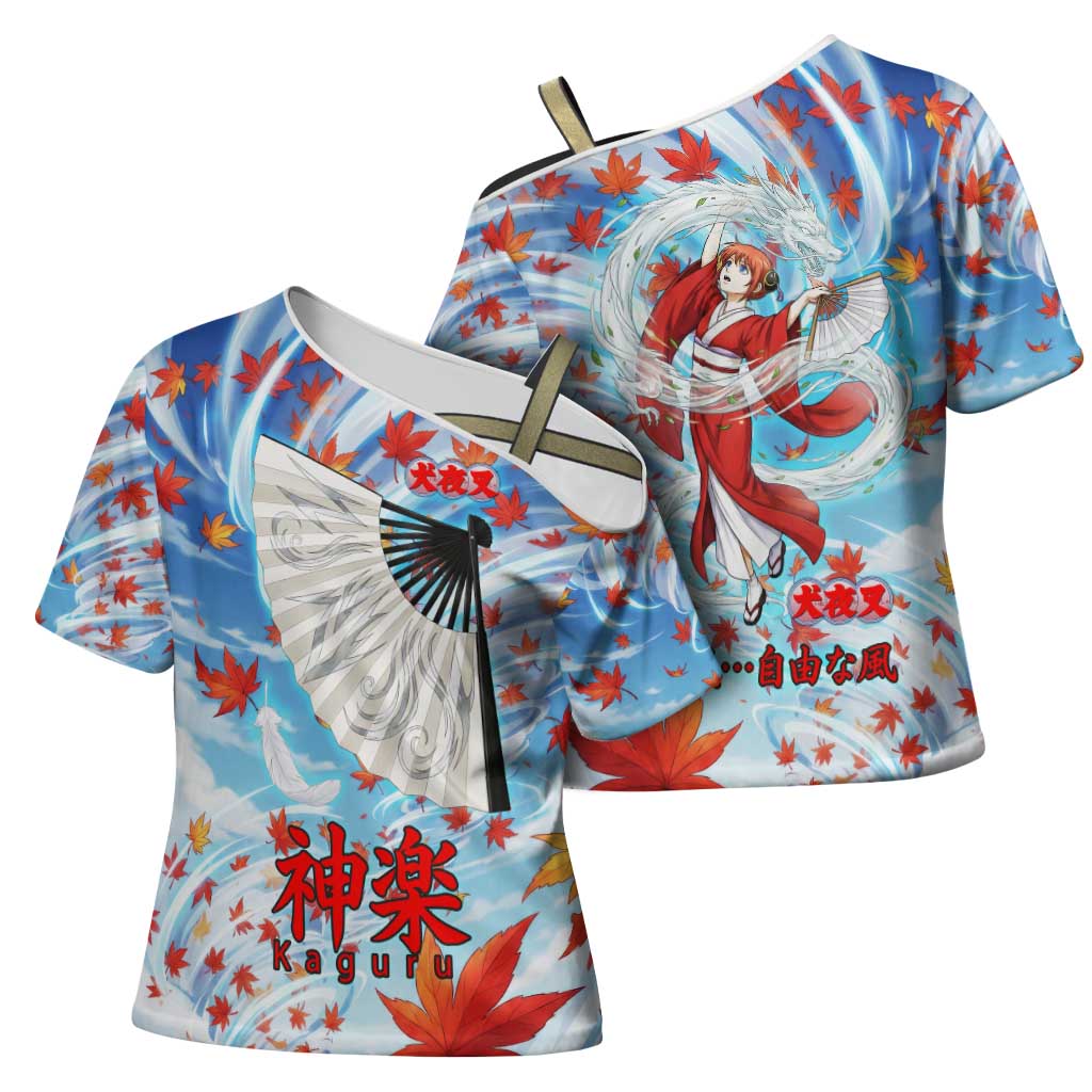 Kagura Inuyasha Series Cross Shoulder Shirt Wind Spirit Anime Style with Autumn Maple Leaves