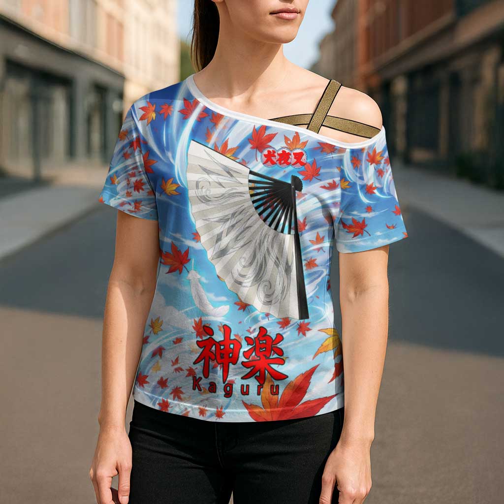 Kagura Inuyasha Series Cross Shoulder Shirt Wind Spirit Anime Style with Autumn Maple Leaves