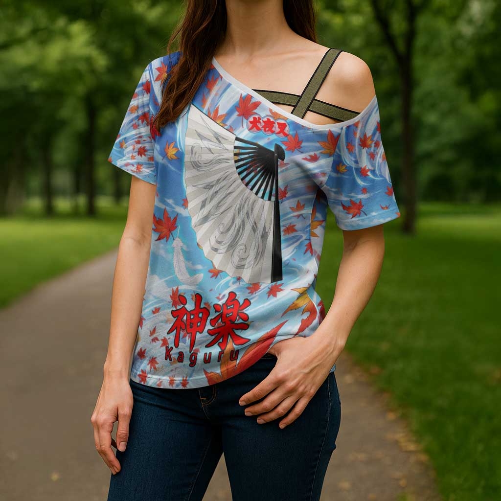 Kagura Inuyasha Series Cross Shoulder Shirt Wind Spirit Anime Style with Autumn Maple Leaves