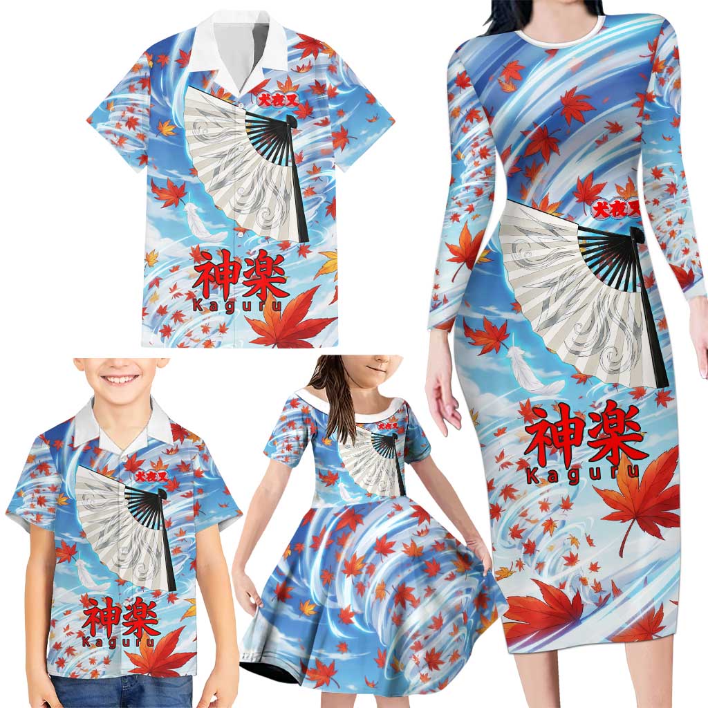 Kagura Inuyasha Series Family Matching Long Sleeve Bodycon Dress and Hawaiian Shirt Wind Spirit Anime Style with Autumn Maple Leaves