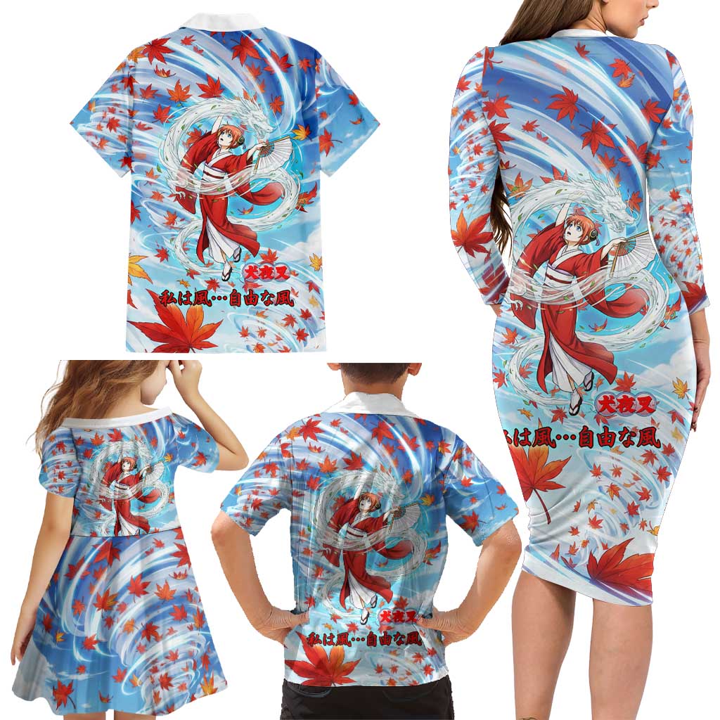 Kagura Inuyasha Series Family Matching Long Sleeve Bodycon Dress and Hawaiian Shirt Wind Spirit Anime Style with Autumn Maple Leaves