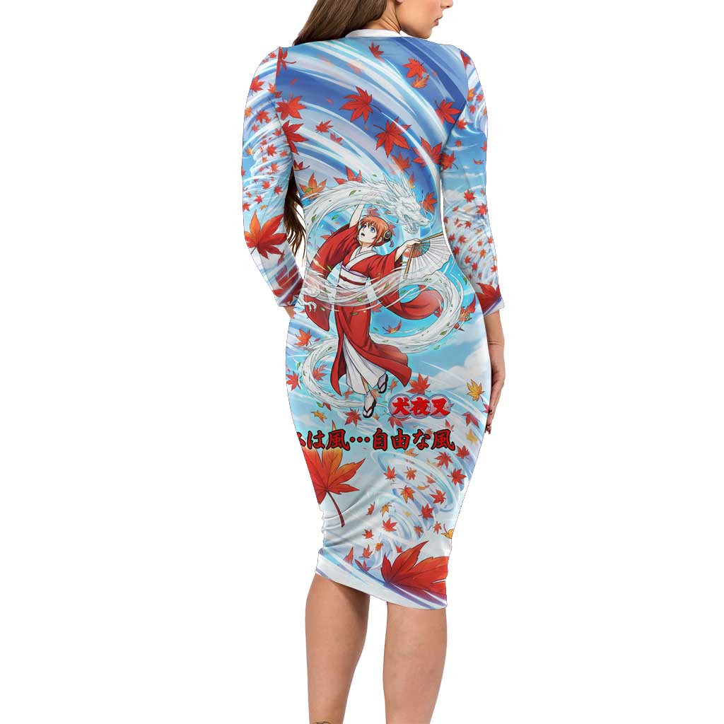 Kagura Inuyasha Series Family Matching Long Sleeve Bodycon Dress and Hawaiian Shirt Wind Spirit Anime Style with Autumn Maple Leaves