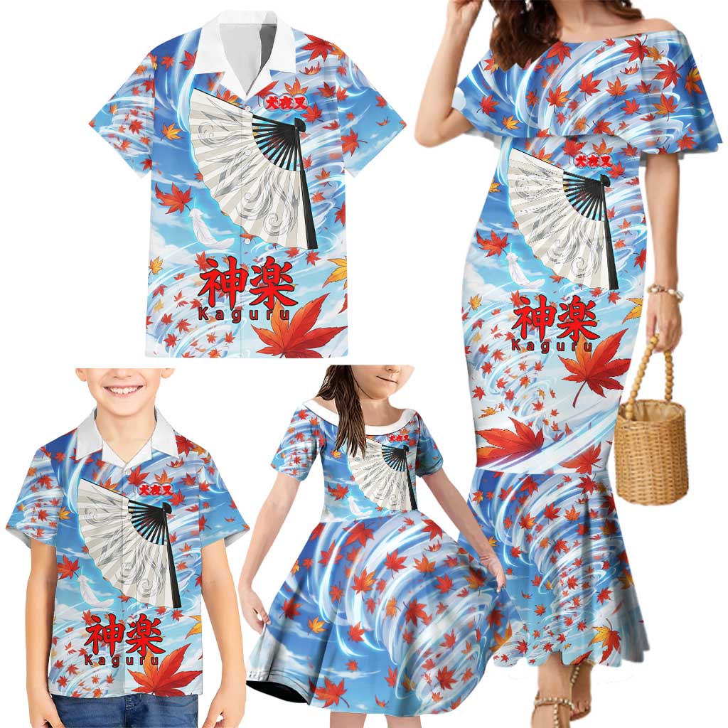 Kagura Inuyasha Series Family Matching Mermaid Dress and Hawaiian Shirt Wind Spirit Anime Style with Autumn Maple Leaves