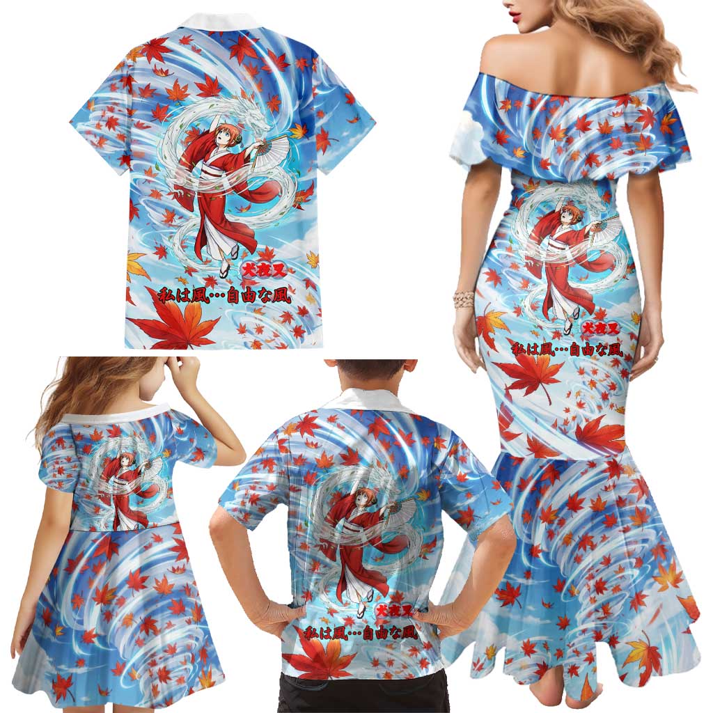 Kagura Inuyasha Series Family Matching Mermaid Dress and Hawaiian Shirt Wind Spirit Anime Style with Autumn Maple Leaves