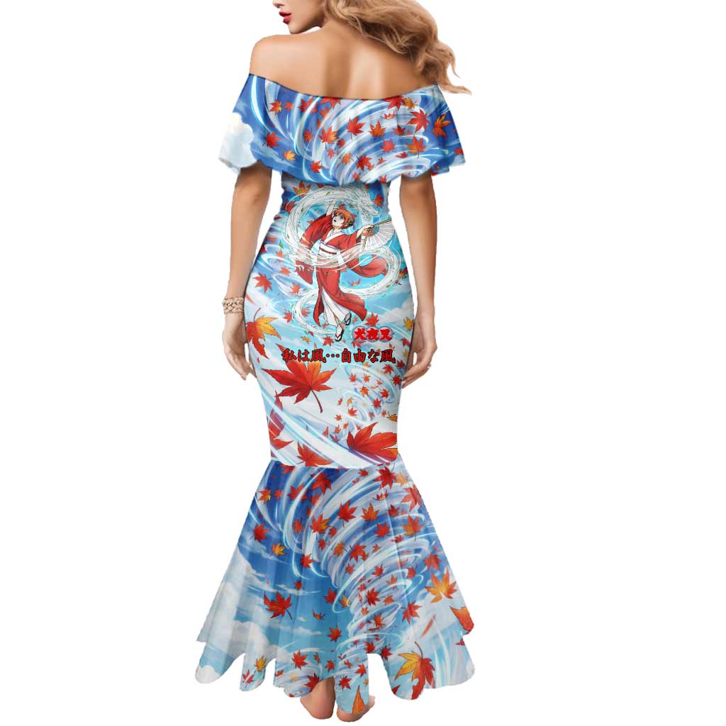 Kagura Inuyasha Series Family Matching Mermaid Dress and Hawaiian Shirt Wind Spirit Anime Style with Autumn Maple Leaves