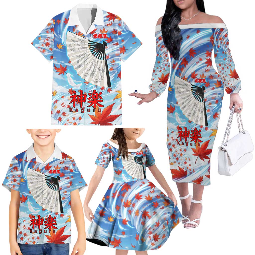 Kagura Inuyasha Series Family Matching Off The Shoulder Long Sleeve Dress and Hawaiian Shirt Wind Spirit Anime Style with Autumn Maple Leaves