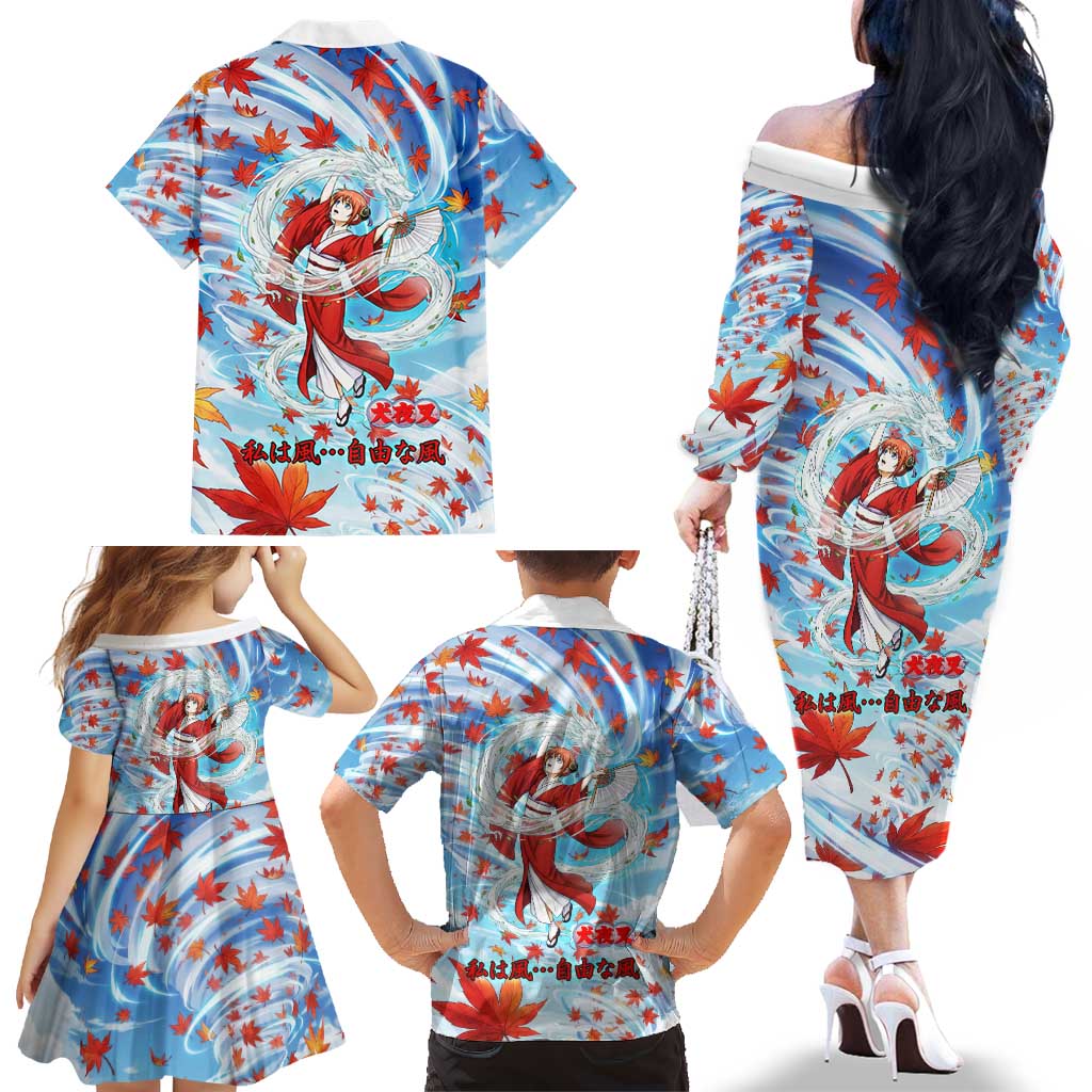 Kagura Inuyasha Series Family Matching Off The Shoulder Long Sleeve Dress and Hawaiian Shirt Wind Spirit Anime Style with Autumn Maple Leaves
