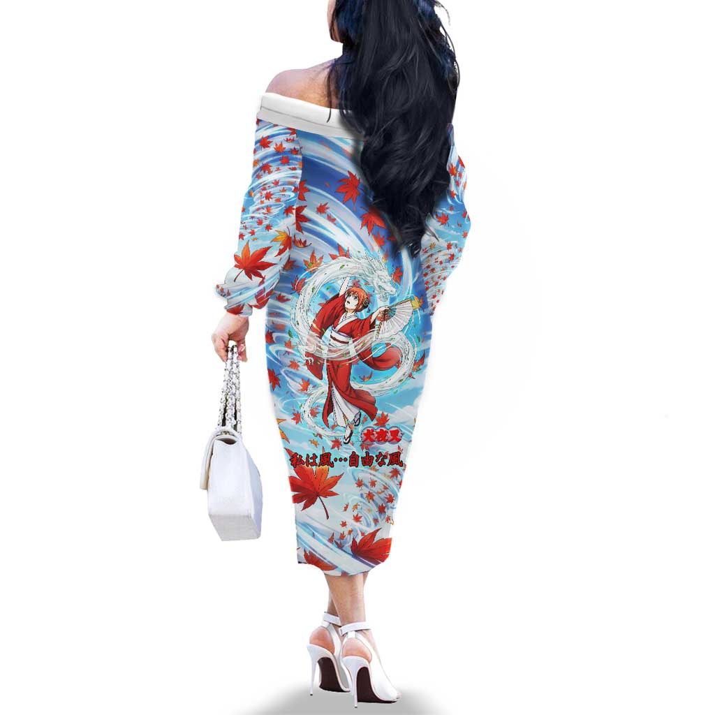 Kagura Inuyasha Series Family Matching Off The Shoulder Long Sleeve Dress and Hawaiian Shirt Wind Spirit Anime Style with Autumn Maple Leaves