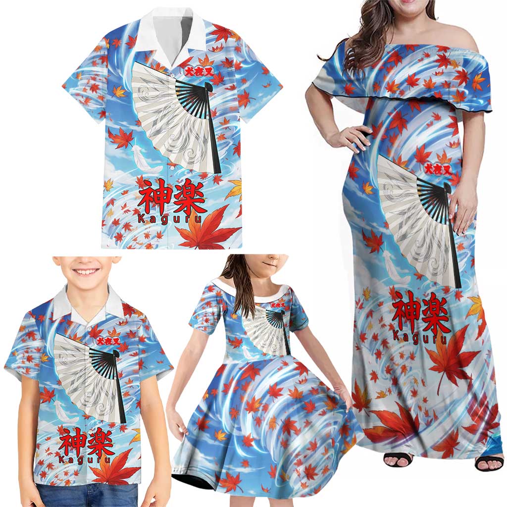 Kagura Inuyasha Series Family Matching Off Shoulder Maxi Dress and Hawaiian Shirt Wind Spirit Anime Style with Autumn Maple Leaves