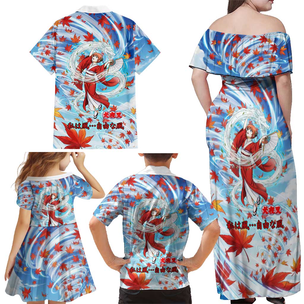 Kagura Inuyasha Series Family Matching Off Shoulder Maxi Dress and Hawaiian Shirt Wind Spirit Anime Style with Autumn Maple Leaves