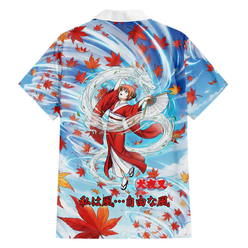 Kagura Inuyasha Series Family Matching Off Shoulder Maxi Dress and Hawaiian Shirt Wind Spirit Anime Style with Autumn Maple Leaves