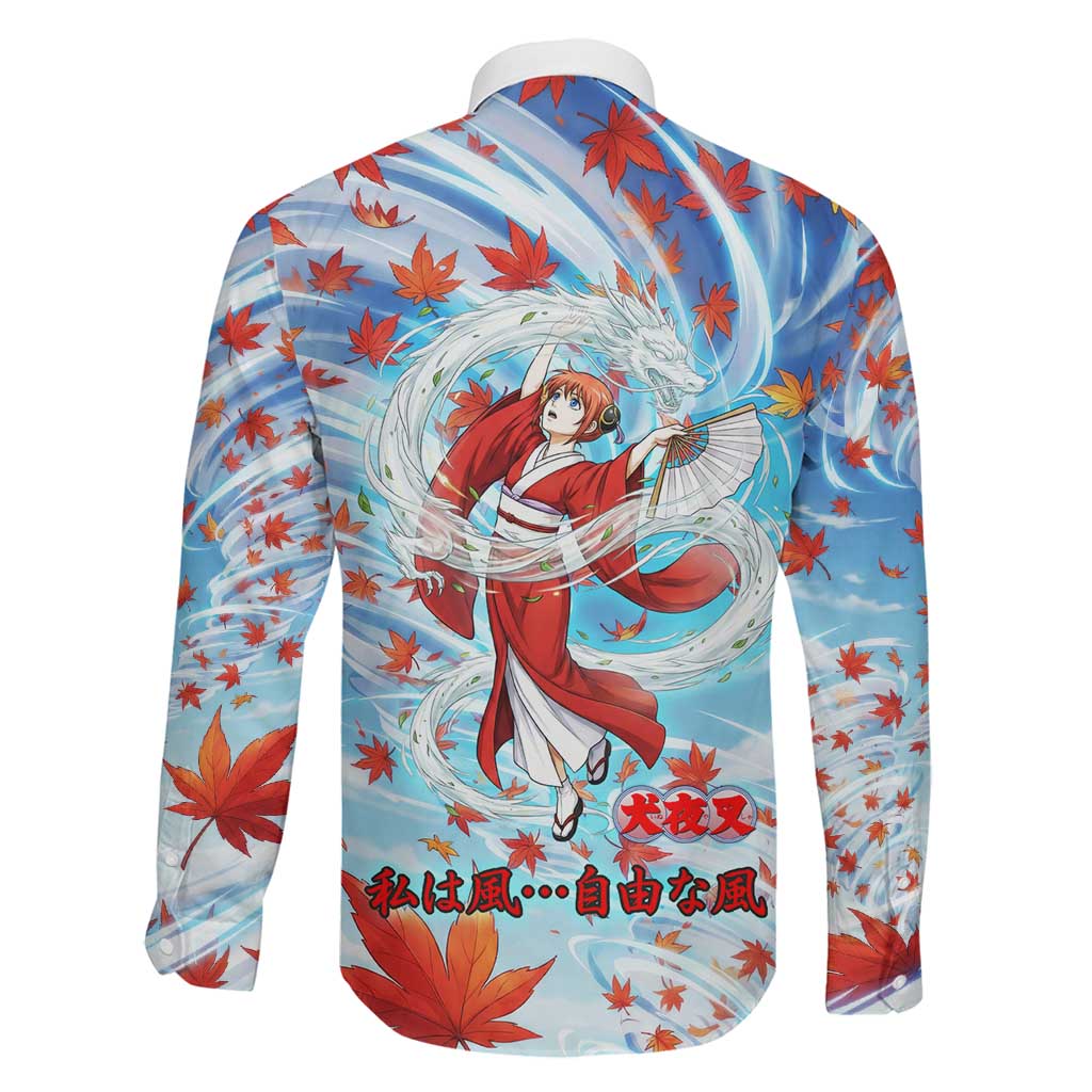 Kagura Inuyasha Series Family Matching Off Shoulder Maxi Dress and Hawaiian Shirt Wind Spirit Anime Style with Autumn Maple Leaves