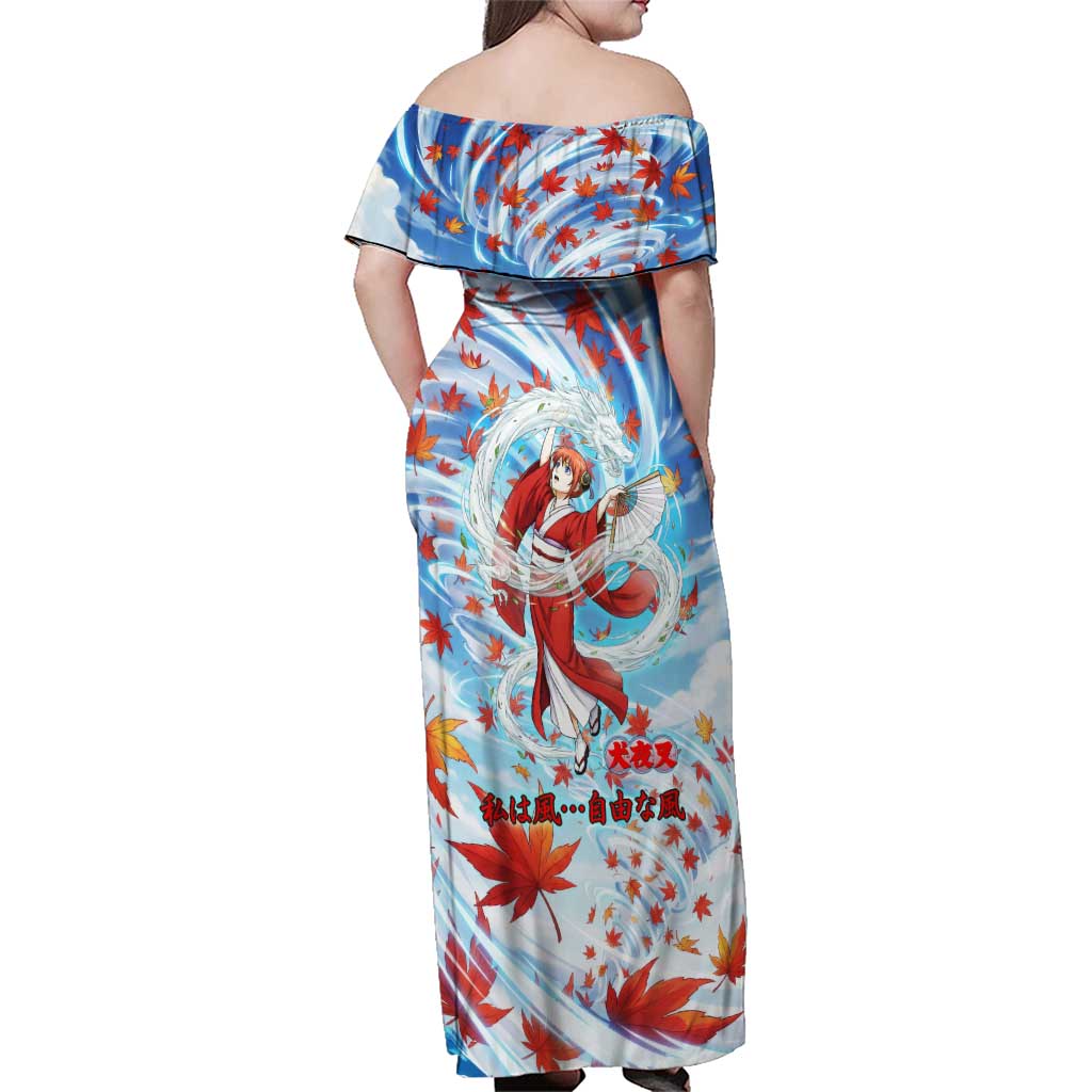 Kagura Inuyasha Series Family Matching Off Shoulder Maxi Dress and Hawaiian Shirt Wind Spirit Anime Style with Autumn Maple Leaves