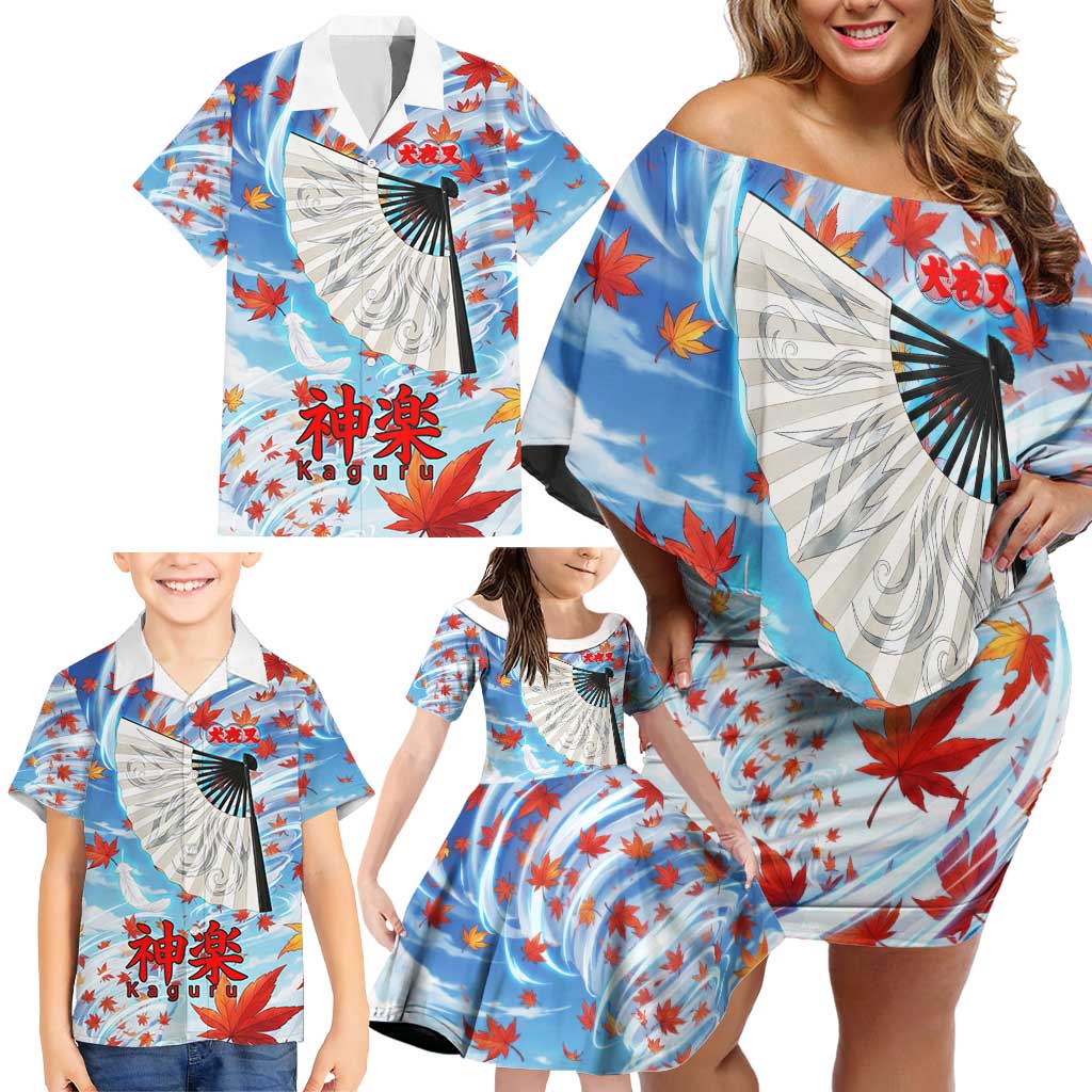 Kagura Inuyasha Series Family Matching Off Shoulder Short Dress and Hawaiian Shirt Wind Spirit Anime Style with Autumn Maple Leaves