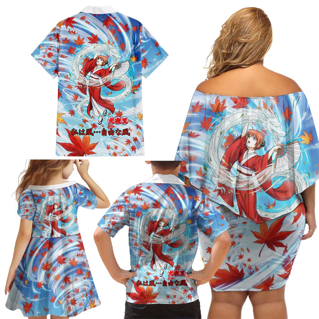 Kagura Inuyasha Series Family Matching Off Shoulder Short Dress and Hawaiian Shirt Wind Spirit Anime Style with Autumn Maple Leaves