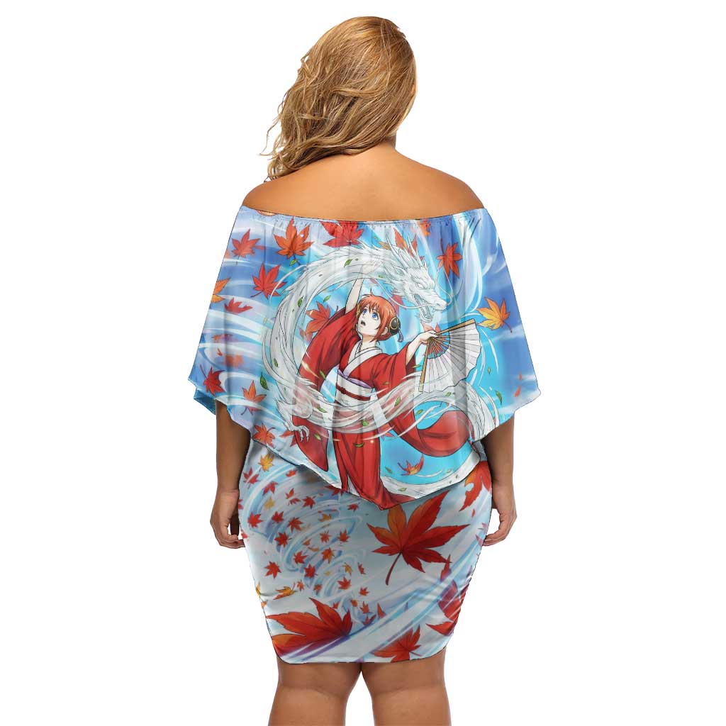 Kagura Inuyasha Series Family Matching Off Shoulder Short Dress and Hawaiian Shirt Wind Spirit Anime Style with Autumn Maple Leaves