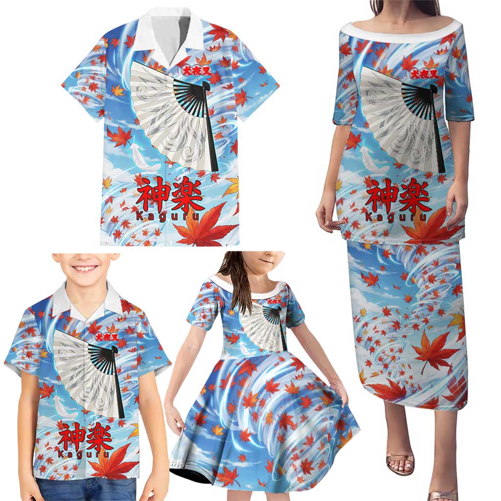 Kagura Inuyasha Series Family Matching Puletasi and Hawaiian Shirt Wind Spirit Anime Style with Autumn Maple Leaves
