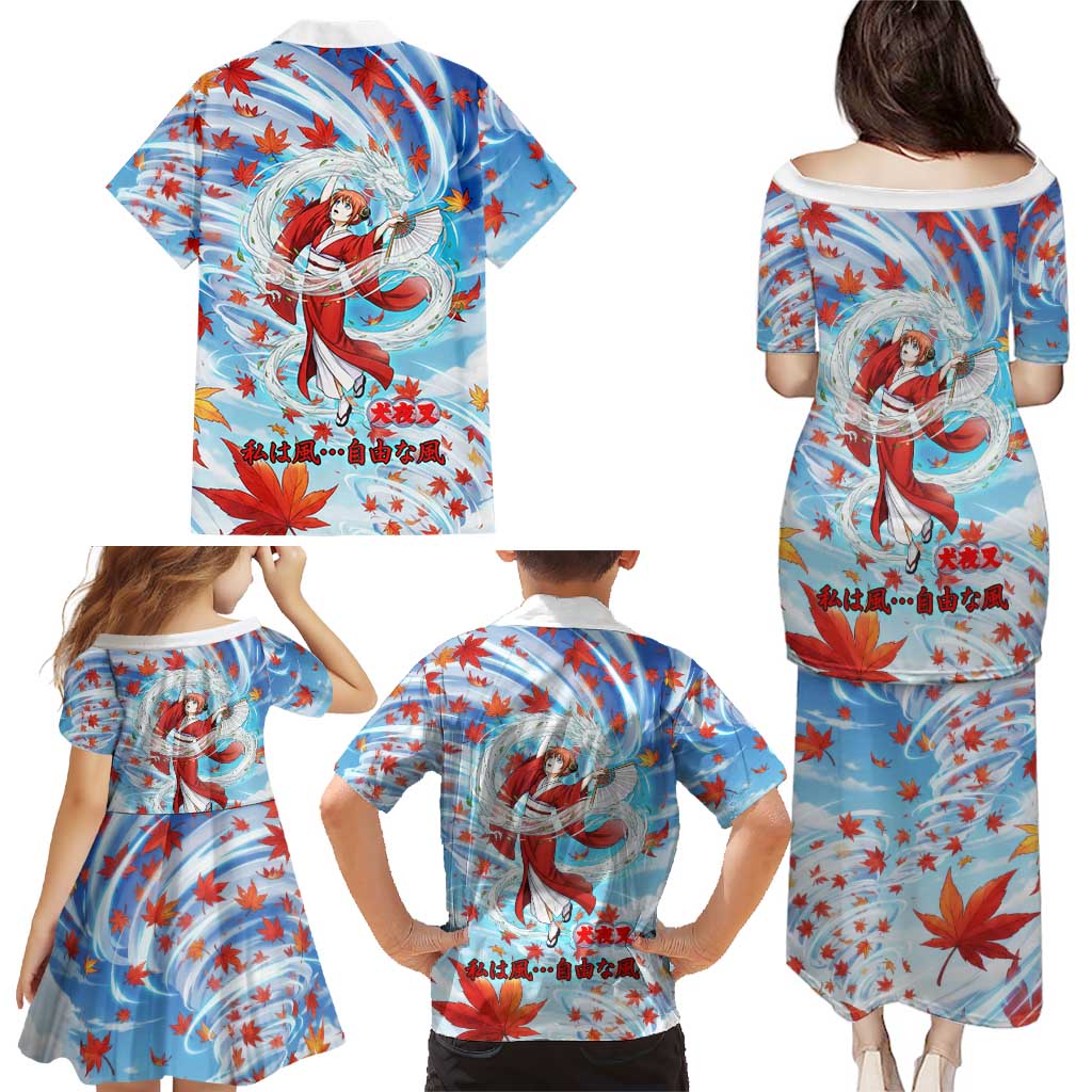 Kagura Inuyasha Series Family Matching Puletasi and Hawaiian Shirt Wind Spirit Anime Style with Autumn Maple Leaves