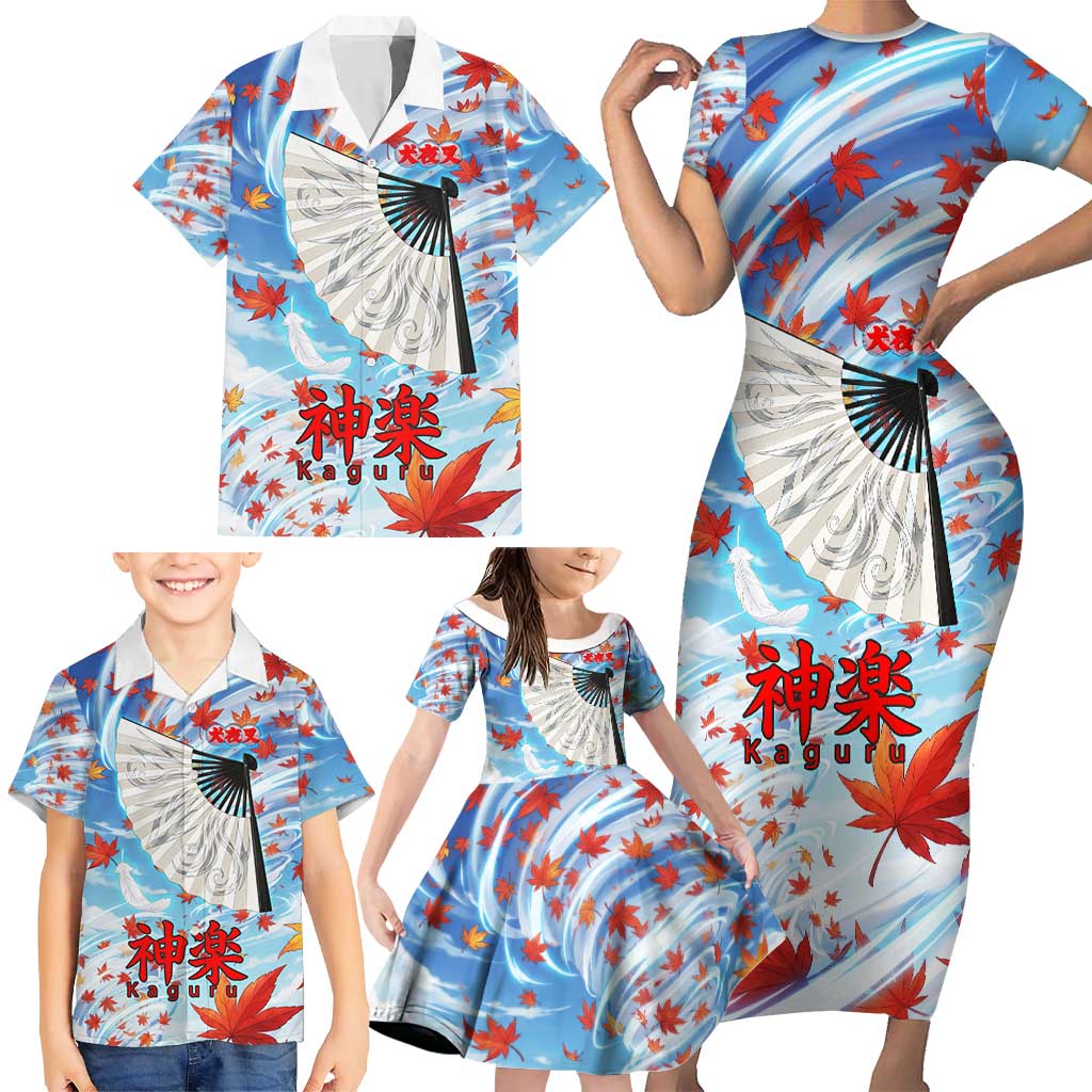 Kagura Inuyasha Series Family Matching Short Sleeve Bodycon Dress and Hawaiian Shirt Wind Spirit Anime Style with Autumn Maple Leaves